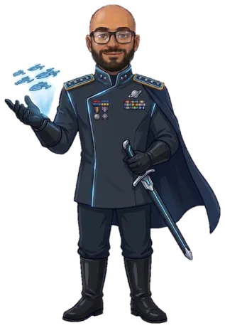 Cartoon of Mustafa in a starship admiral's coat with gold epaulettes, medals and a fleet hologram
