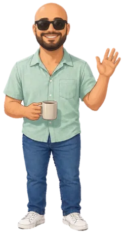 Cartoon of Mustafa waving with a coffee mug