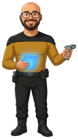 Cartoon of Mustafa in a gold starship engineer uniform with a holographic tablet
