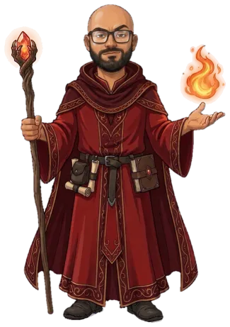 Cartoon of Mustafa as a red-robed mage with a pointed hat and a glowing staff