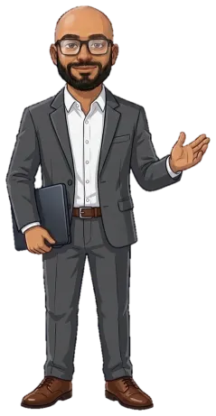 Cartoon of Mustafa in a dark charcoal suit and white shirt