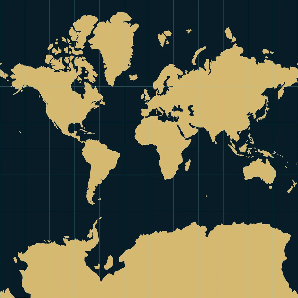 The world as one flat square map tile: pale land on dark ocean with a faint grid.